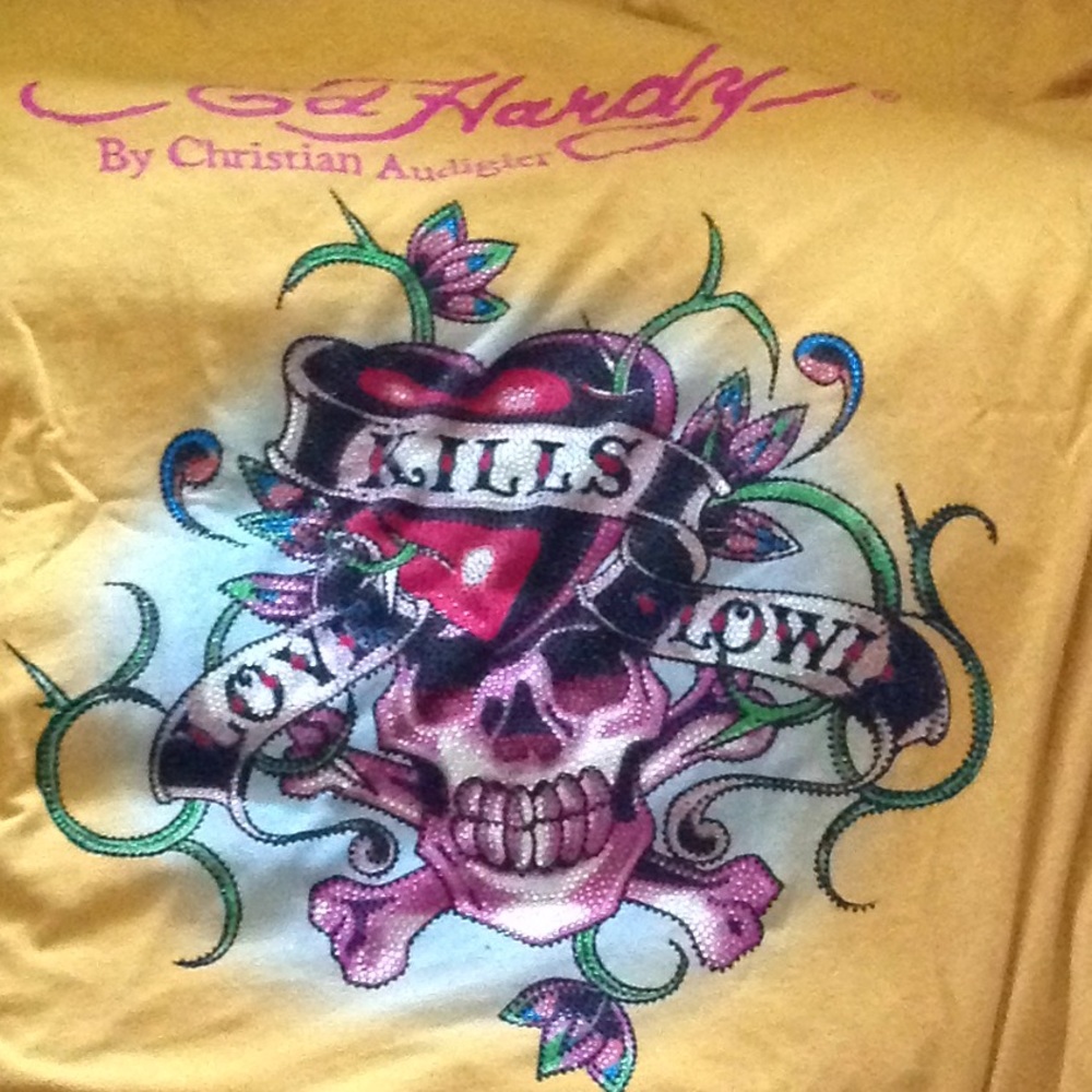 Awesome yellow SS Ed Hardy tee with crystals